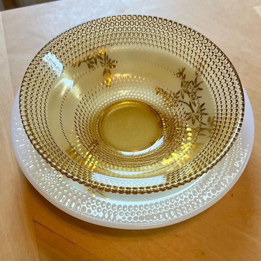 Beautiful Vintage Amber Glass Beaded Bowl and Federal White Milk Glass Bowl Set